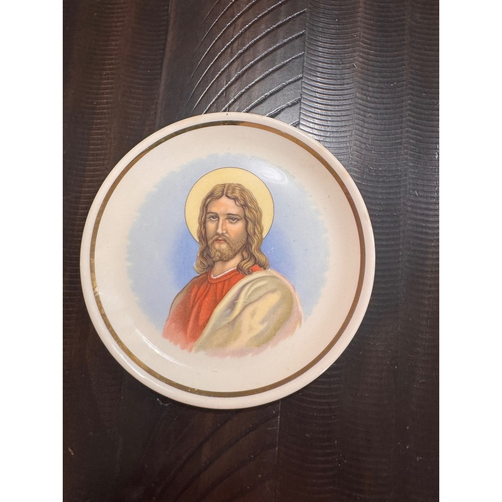 Vintage Jesus Christ Portrait Decorative Plate Gold Rim Religious Trinket Dish